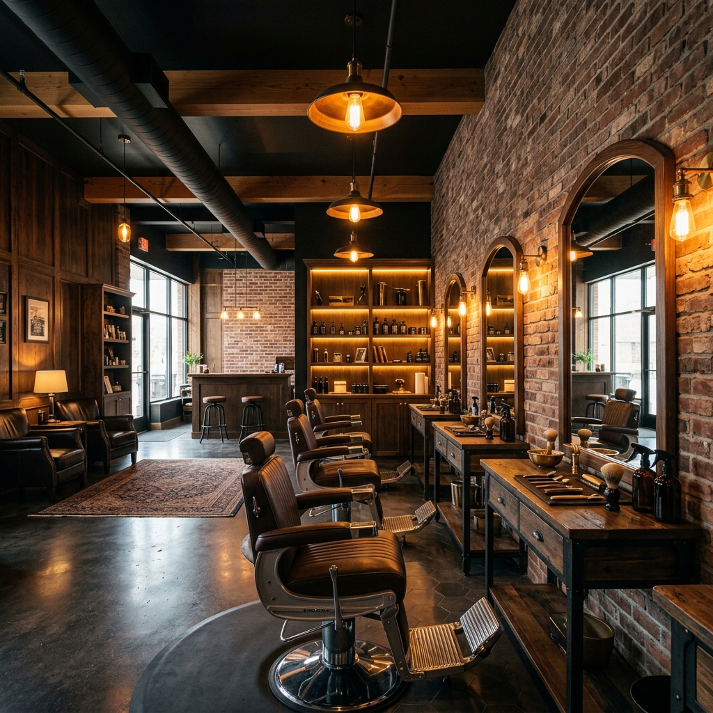 Interior elegante da Barbearia Premium com cadeiras vintage e iluminação ambiente