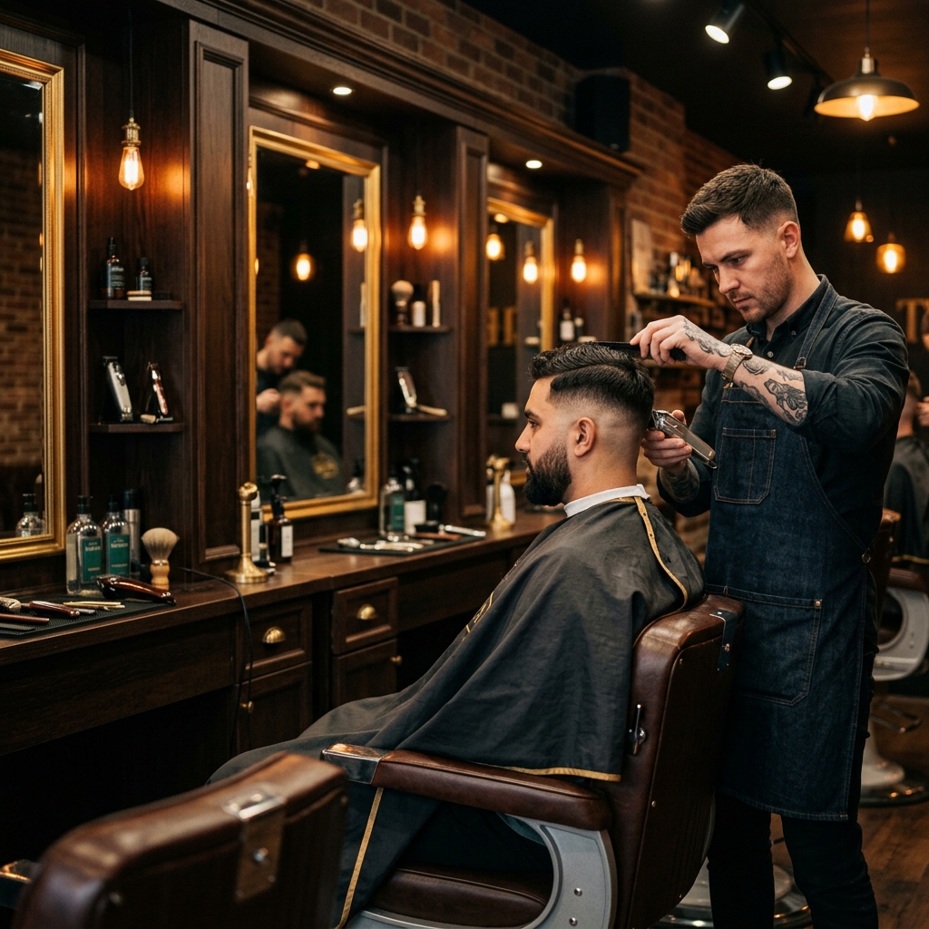 Interior sofisticado da Barbearia Premium com cadeiras em couro e iluminação quente